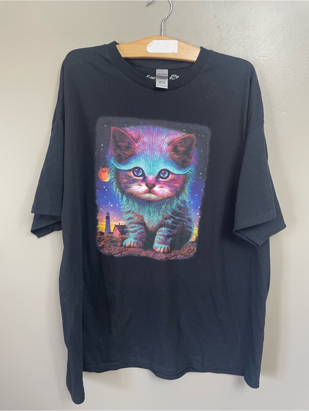 Geeknet black graphic tee 2XL cosmic cat Adam Lawless waiting for my fish